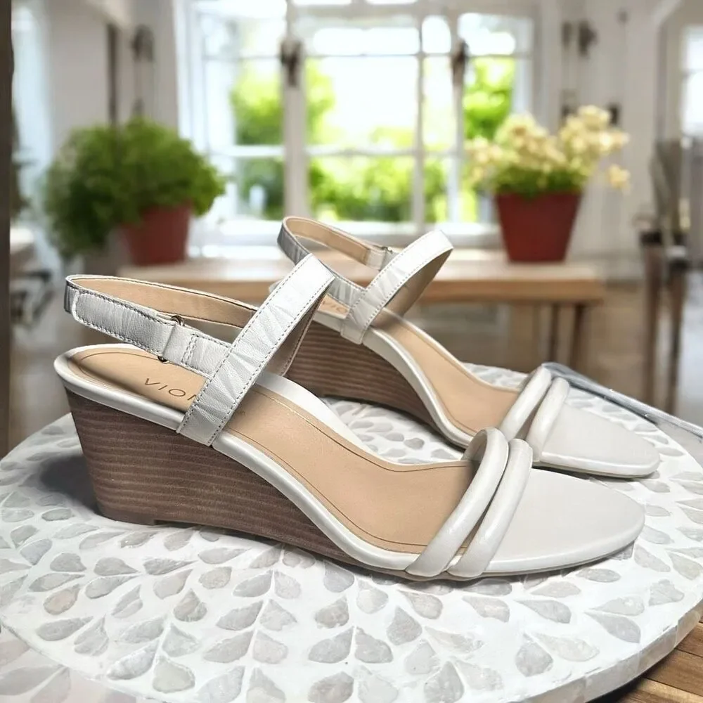 Vionic Emmy Supportive Wedge Sandals Leather Strappy Slingback Comfort Podiatris